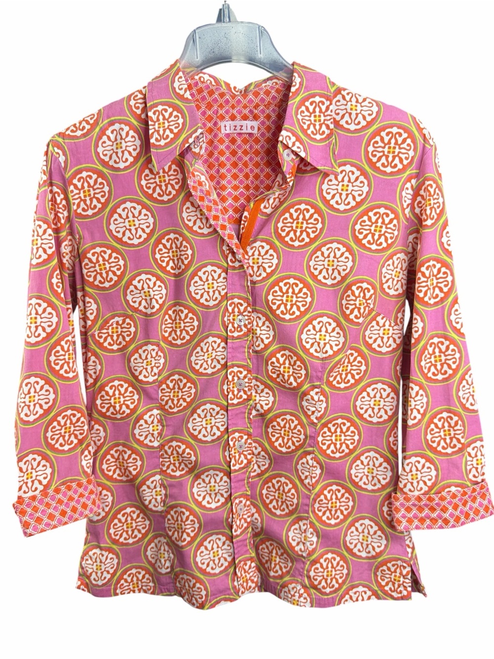 Tizzie Pink & Orange Printed Motif Button-Up Shirt. EC  Size medium